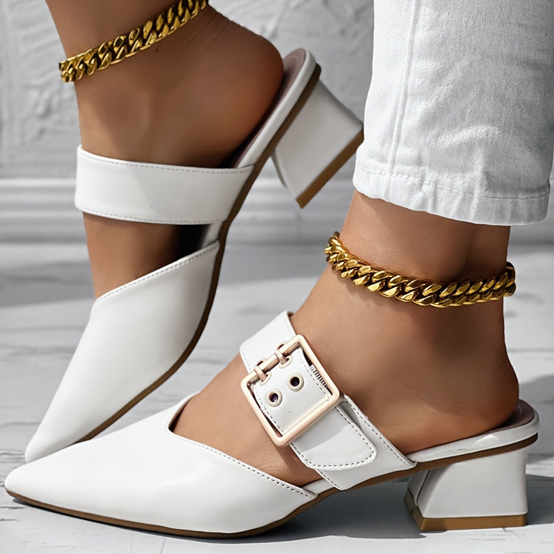 CHICME Women'S Pointed Toe Mary Jane Sandals - Summer 2023 Collection, Chunky Heel, Ankle Strap, Faux Cover, White, Open-Toe Design, Comfortable Fashion Sandals, Chic Footwear | Pointed Toe Sandals | Mary Jane Style Sandals