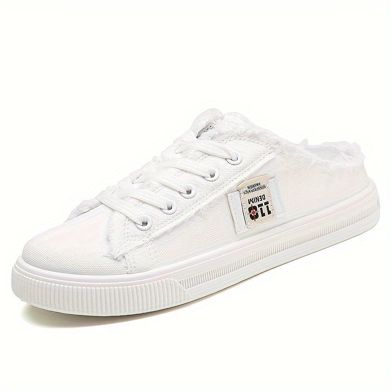 Round Toe Breathable Women's Solid Canvas Shoes Slippers Lace Up Slip On, All-match Footwear