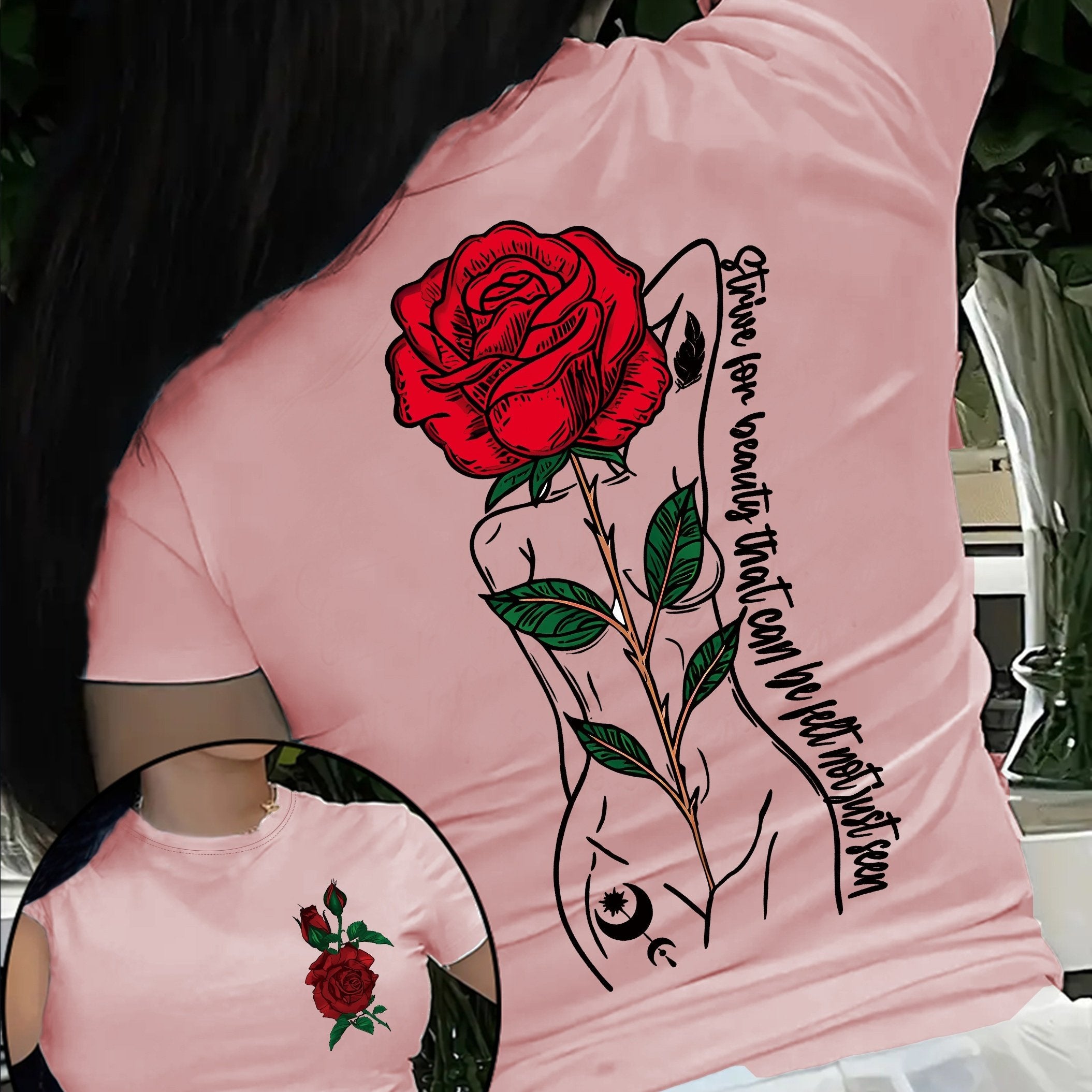 Vibrant Rose Print Short Sleeve Crew Neck T-Shirt - Soft, Breathable, Relaxed Fit, Casual Summer & Spring Top for Women - Perfect for Outdoor Activities, Daily Wear, and Gift Idea