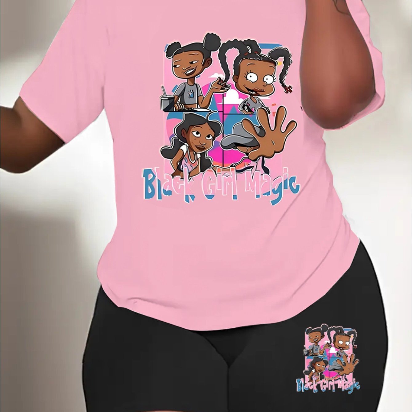 Women's casual cartoon print, polyester knit T-shirt and shorts leggings set, crewneck short sleeves, regular fit, all seasons