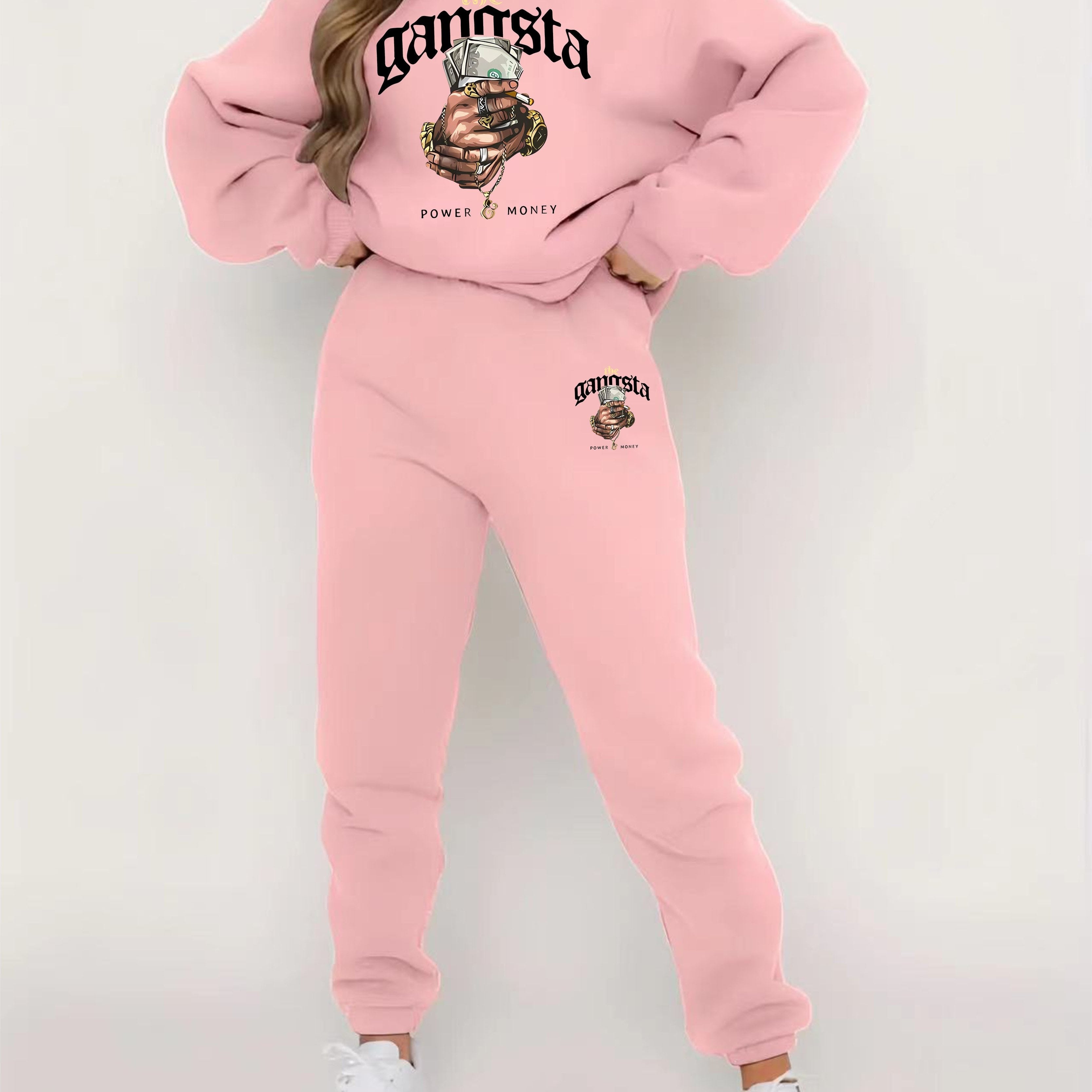 Two-Piece Pants Set - Casual Graphic Print, Warm Fleece, Long Sleeve Crew Neck Pullover Shirt, Skinny Elastic Waist Pants, Women's Clothing Outfits for Everyday Wear