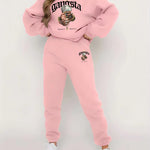 Two-Piece Pants Set - Casual Graphic Print, Warm Fleece, Long Sleeve Crew Neck Pullover Shirt, Skinny Elastic Waist Pants, Women's Clothing Outfits for Everyday Wear