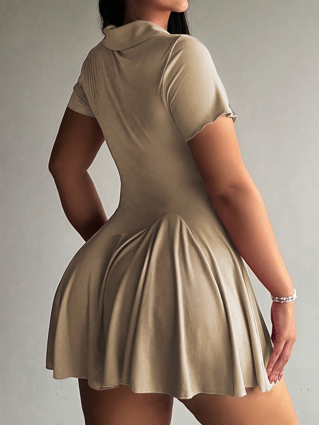 Women'S Casual Tennis Polo Dress - Short Sleeve, Button-Up Collar, Ribbed Texture, Knee-Length with Paddles, Beige, Casual Wear|Short Sleeve Dress|Buttonup Collar Dress