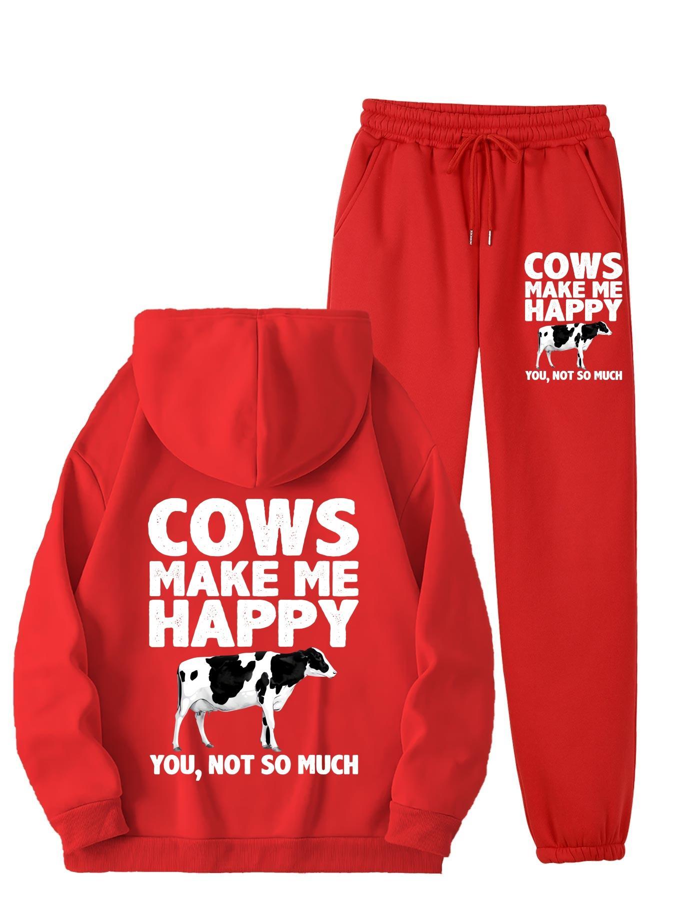 1set Women'S Casual Sportswear with Cow Print, Polyester 100% Long Sleeve Hoodie and Joggers Set, Crew Neck, All-Season Knit Fabric with Pockets