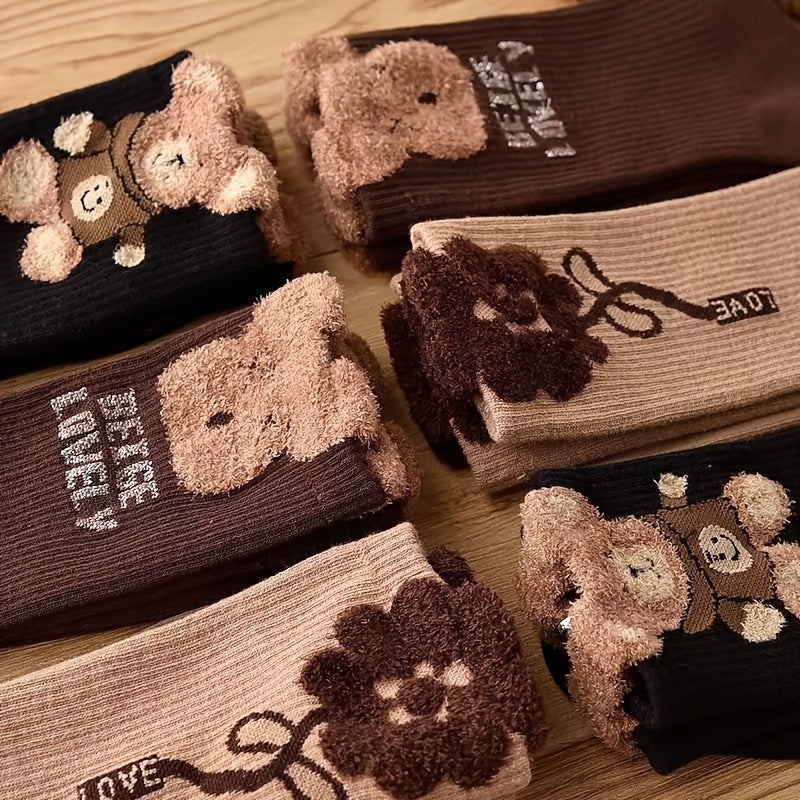 3 Pairs Of Cartoon Bear Print Socks, Comfortable And Cute Mid-calf Socks, Women's Stockings And Socks