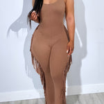 Women'S Casual Brown Fringe Jumpsuit - Comfortable Sleeveless Unitard with Tassel Details, All-Season Wear, Adult Size, Casual Attire | Fringe Detailing | Sleeveless Jumpsuit