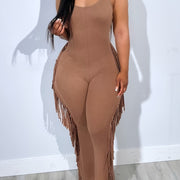 Women'S Casual Brown Fringe Jumpsuit - Comfortable Sleeveless Unitard with Tassel Details, All-Season Wear, Adult Size, Casual Attire | Fringe Detailing | Sleeveless Jumpsuit