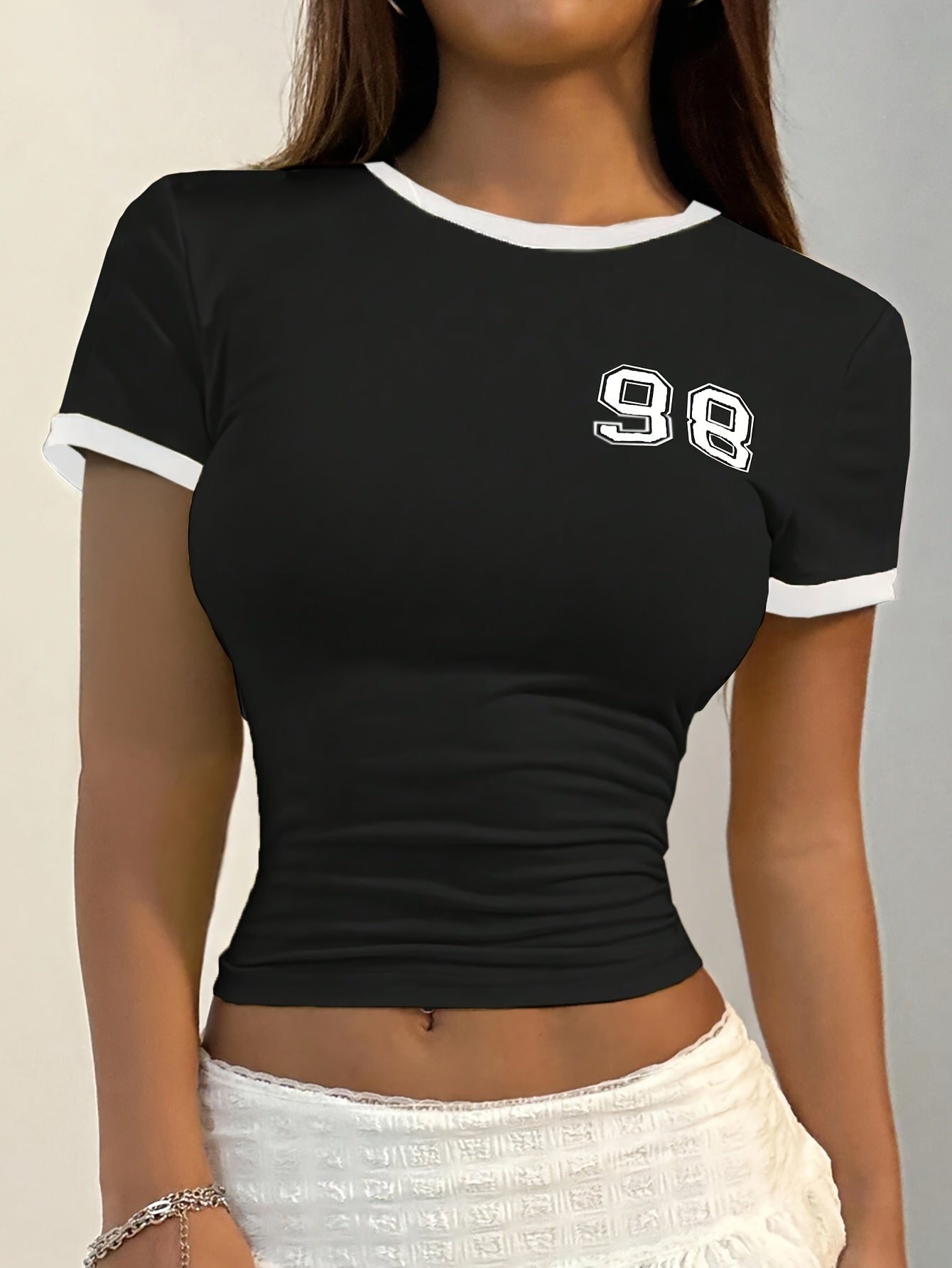 Women'S Casual Black T-Shirt with "98" Print - Short Sleeve, Round Neck, Soft & Stretchy Fabric, Perfect for Spring/Summer/Fall, Casual Attire|Bold Number Print|Medium Stretch Fabric, Ladies T Shirts