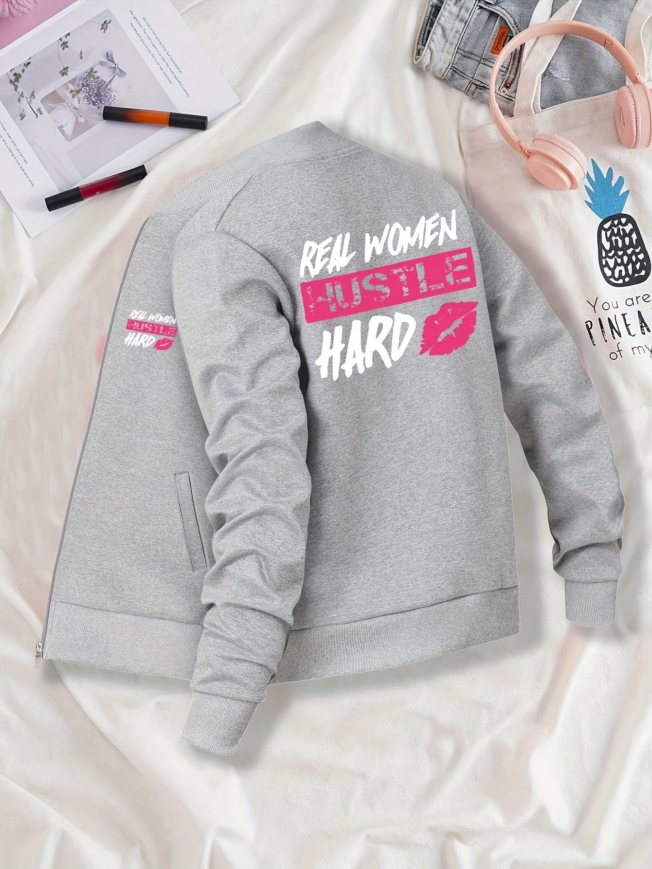 Everyday Comfort, Women's "Real Women Hustle Hard" Casual Bomber Jacket - Mint Green, Long Sleeve, Zip-Up with Pink Lips Graphic, Polyester Blend, Machine Washable, Motivational Apparel|Trendy Bomber Jacket|Smooth Texture Fab