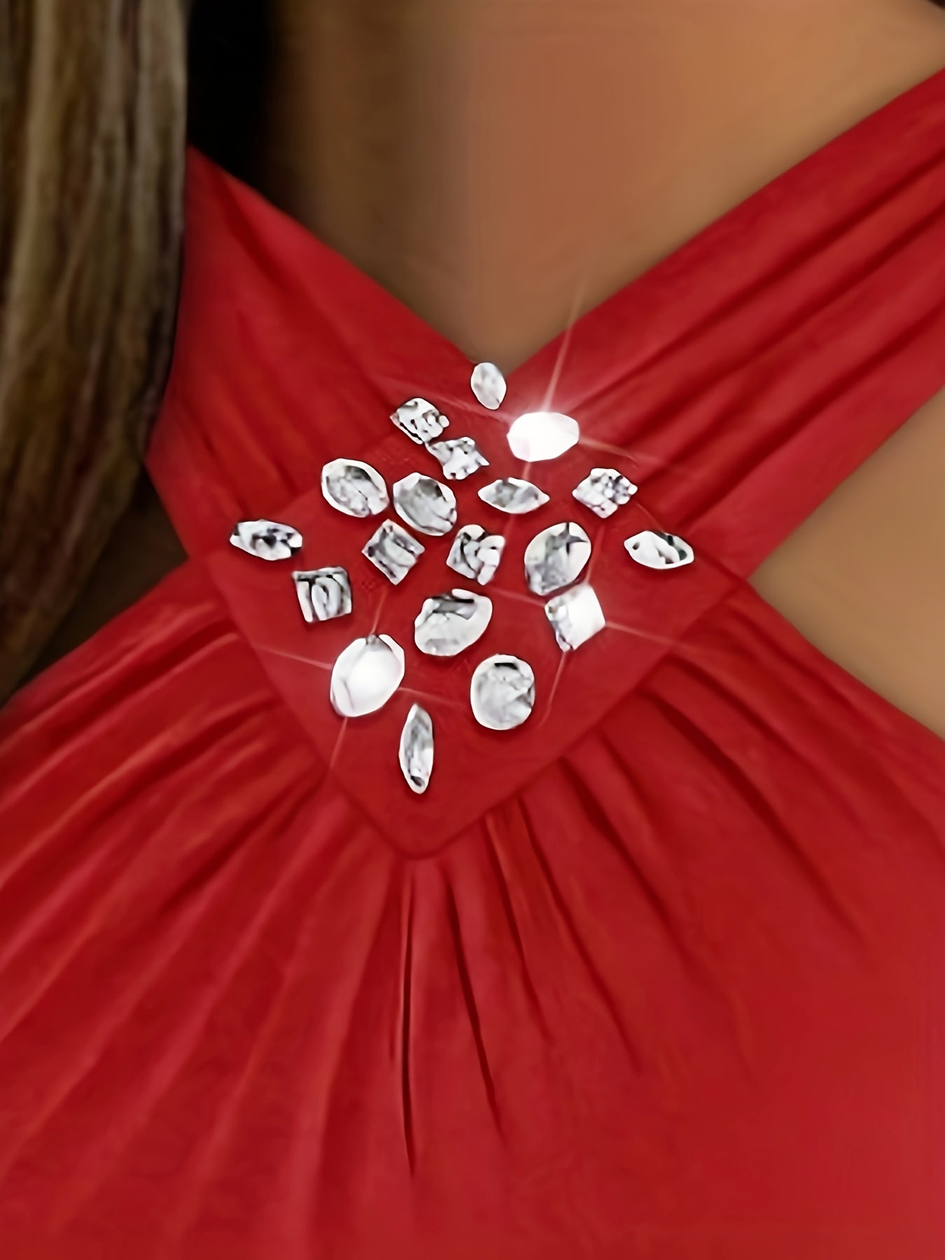 Women'S Off-Shoulder Rhinestone Embellished Pleated Top, 100% Polyester Knit Fabric, Slim Fit Sleeveless Casual Blouse for Spring/Summer