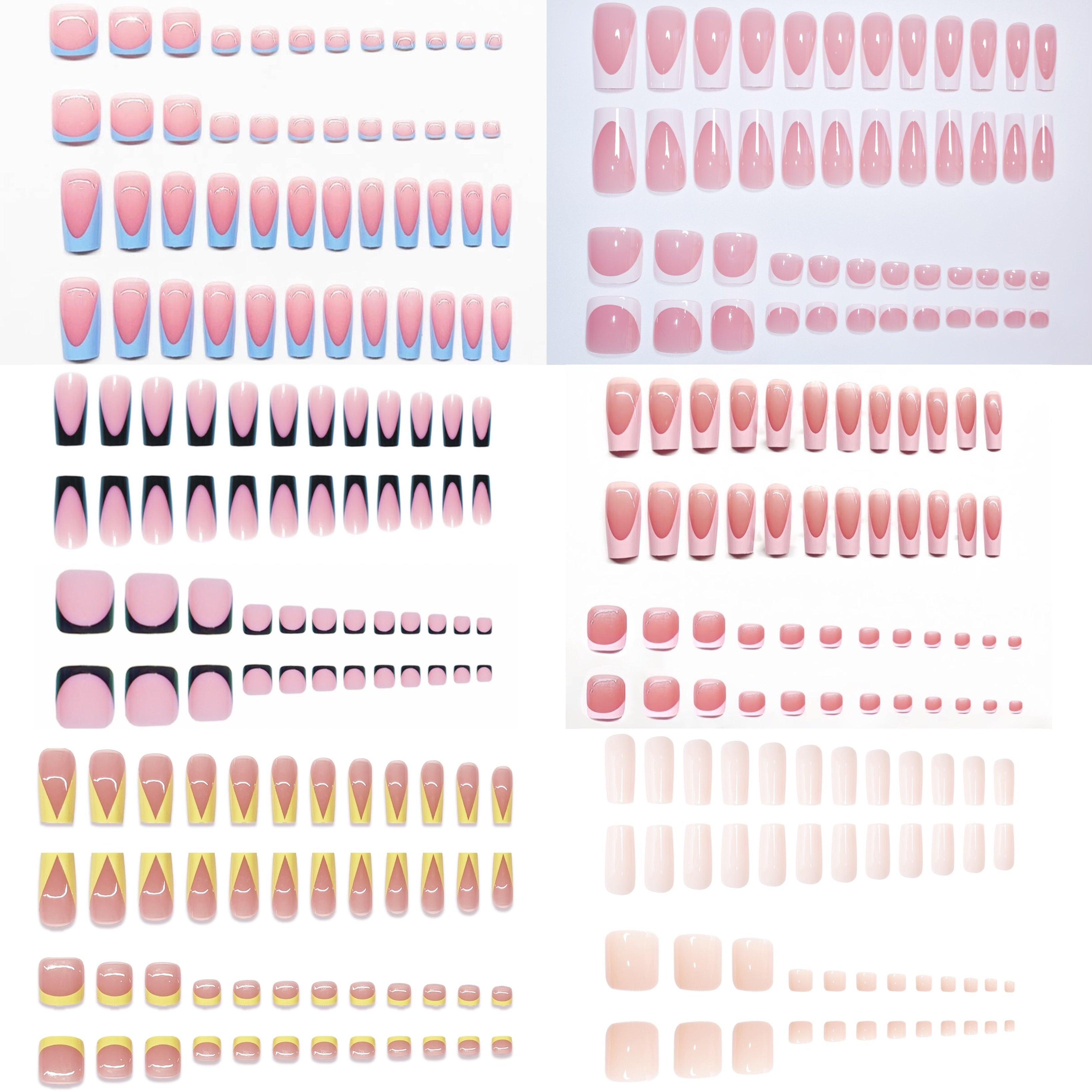 288-Piece French Tip Press-On Nail Set - Mixed Colors, Short Length, Stripe and Solid Patterns with Glossy Finish - Includes Jelly Adhesive Tabs and Nail File for Daily Wear