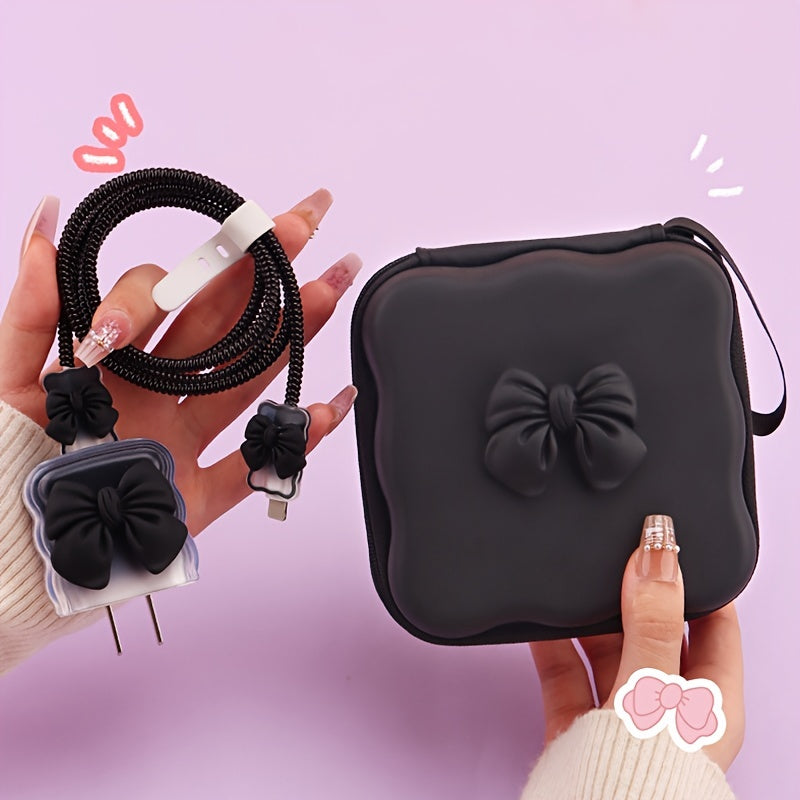 Pink EVA Material 6pcs Bowknot Storage Set - Data Cable Protector with Winding Tool and Anti-Breakage Charger Head Protector - iPhone Accessory Organizer