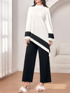 Elegant Stand Collar Asymmetric Hem Top and Pants Set for Women - Polyester Knit Fabric, Solid Color, All Seasons