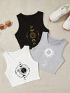 3pcs Sun & Moon Print Sleeveless Tank Tops for Women - Casual Style, Round Neck, Lightweight Fabric, Perfect for Spring/Summer/Fall, Sunset Theme Design, Casual Wear Tops|Sunset Motif|Lightweight Fabric