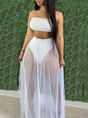 Women 3 Piece Swimsuit Set, Bandeau Bikini And Fishnet Hollow Out Beach Maxi Dress Cover Ups Party Skirts, Clubwear Set, Women's Clothing