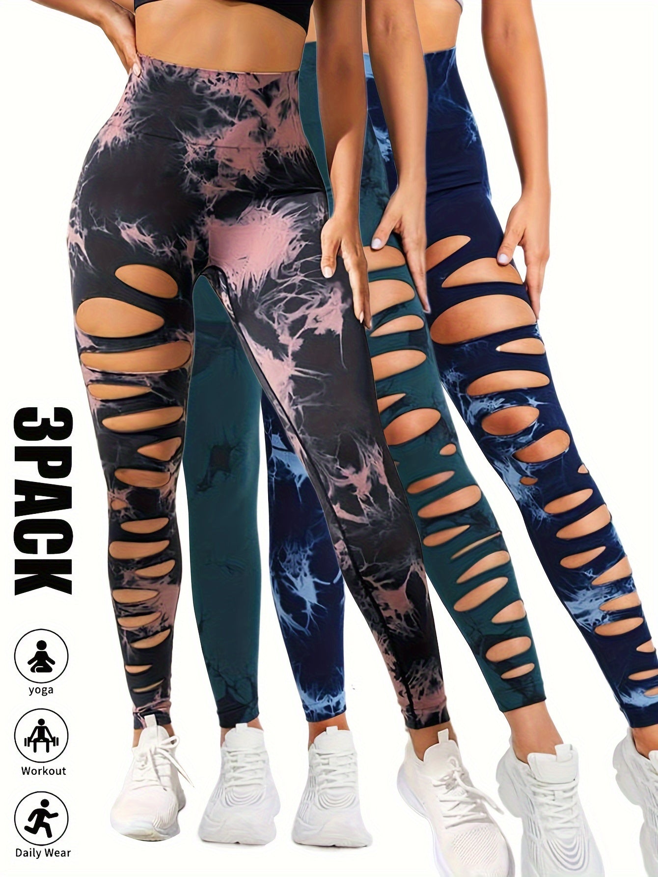 [3 Pack High Waist Yoga Leggings] 3 Pack Women's Tie Dye Cutout Tights High Waist Workout Yoga Leggings, Scrunch Butt Lifting Elastic Pants, Womens High Waist Yoga Pants Cutout Ripped Tummy Control Workout Running Yoga Skinny