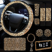 10pcs Leopard Print Car Accessory Set - Diamond Cheetah Design with Steering Wheel, Seat Belt Covers, License Frame, Armrest Pad, Cup Holder, Keyring & Bracelet for SUVs and Trucks - Fashionable & Stylish - For Car Enthusiast