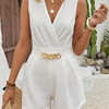 Elegant White V-Neck Romper for Women - Sleeveless Jumpsuit with Metal Chain Detail, Cinched Waist, and High-Low Hemline, Perfect for Spring & Summer, Stylish Occasions | Elegant Jumpsuit | Quality Tailoring, Romper Jumpsuit