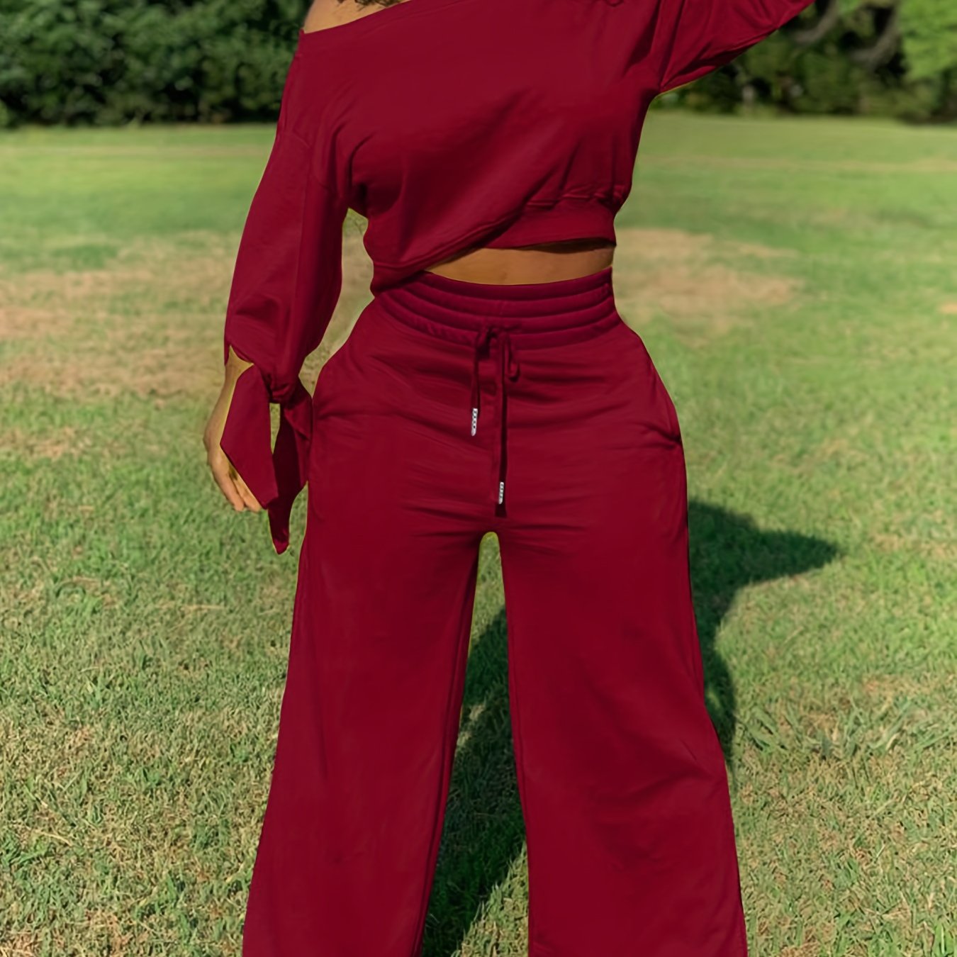 Solid Casual Two-piece Set, Slanted Shoulder Long Sleeve Tops & Drawstring Pants Outfits, Women's Clothing