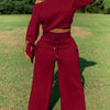 Solid Casual Two-piece Set, Slanted Shoulder Long Sleeve Tops & Drawstring Pants Outfits, Women's Clothing