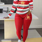 Women's Striped Crown Print Casual Tracksuit Set - Polyester & Elastane Knit Crew Neck Long Sleeve Top with Pants, No Belt - Fall/Winter Cozy Loungewear Suit (1 Top + 1 Pants)