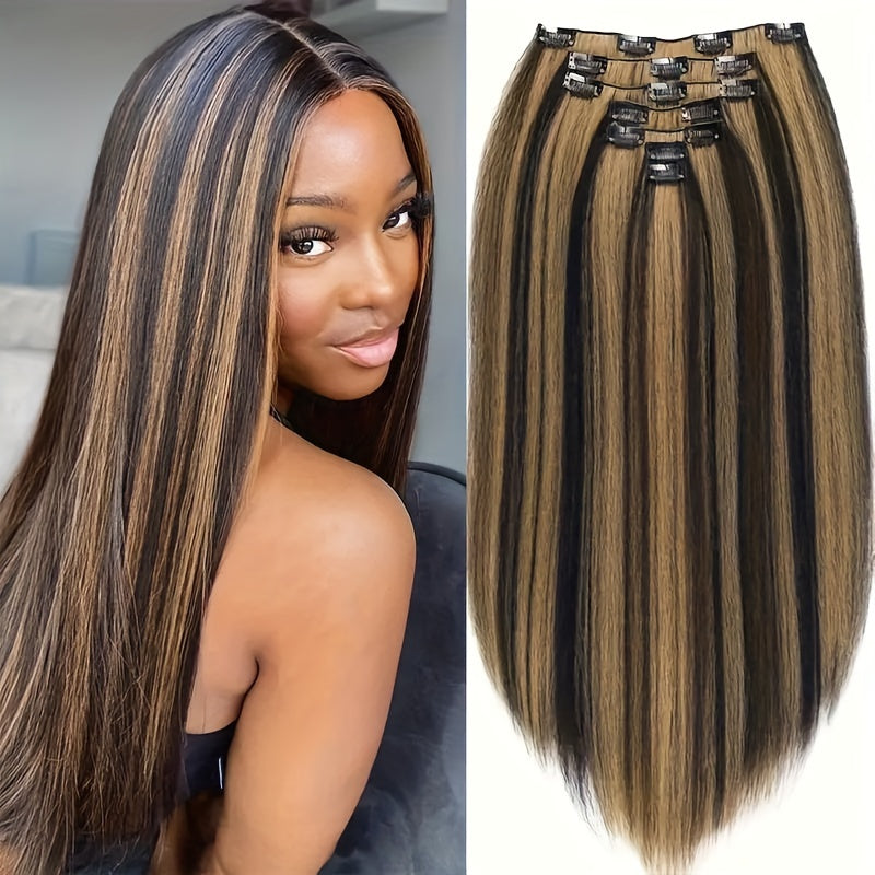 Kinky Straight Clip In Wig Extensions Full Head Yaki Straight Clips In For Women Synthetic Wig 7Pcs Wig Accessories
