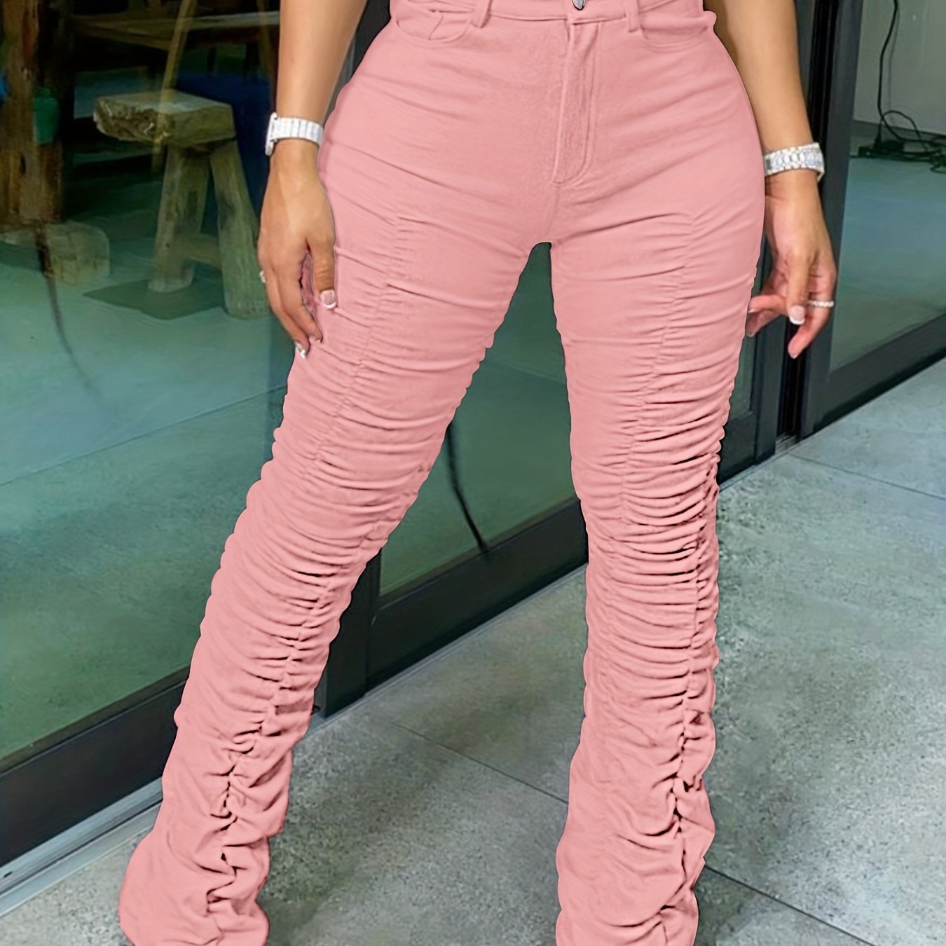 Solid High Waist Long Length Pants, Casual Stretchy Pleated All Seasons Pants, Women's Clothing