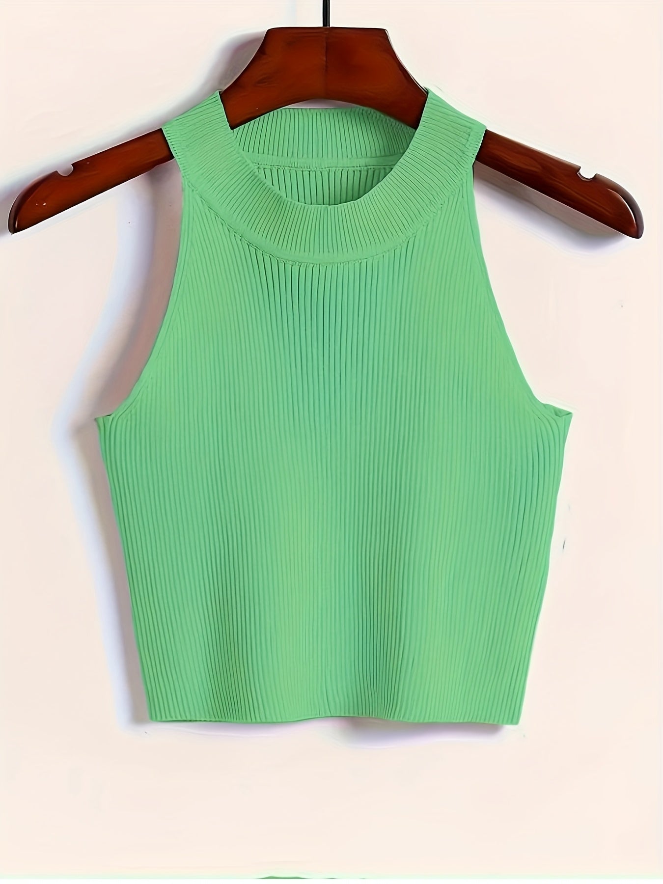 Elegant Green Off-Shoulder Knit Tank Top - Sleeveless, High Neck, Polyester Lining, Perfect for Spring & Fall, Beachwear|Minimalist Fashion|Smooth Texture