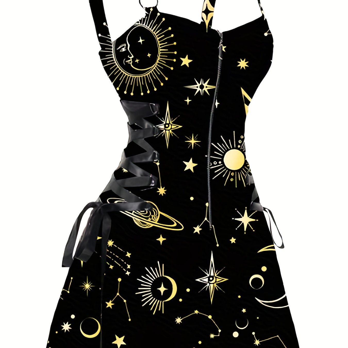 Sun & Moon Print Dress, Casual Ring Linked Backless Dress, Women's Clothing For Party Dressing