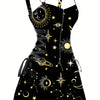 Sun & Moon Print Dress, Casual Ring Linked Backless Dress, Women's Clothing For Party Dressing