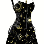 Sun & Moon Print Dress, Casual Ring Linked Backless Dress, Women's Clothing For Party Dressing