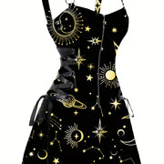 Sun & Moon Print Dress, Casual Ring Linked Backless Dress, Women's Clothing For Party Dressing