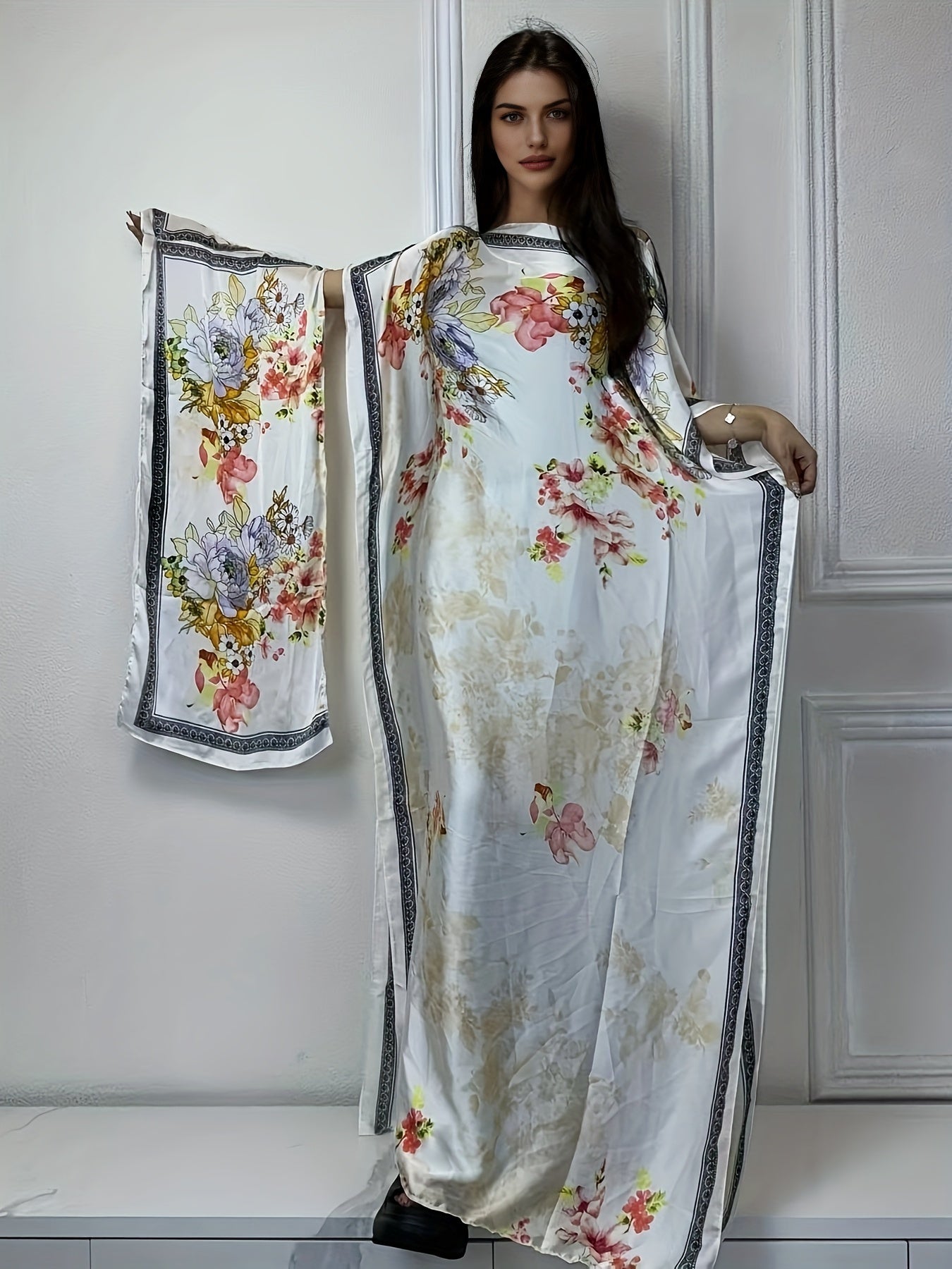 WINYI Women'S Long Kaftan Dress, Polyester 100% Crew Neck Tunic with Belt, Loose Fit All Over Print, Middle Eastern Bohemian African Style, Beach Cover Up, Elegant Evening Abaya for Dubai, Spring/Summer Collection