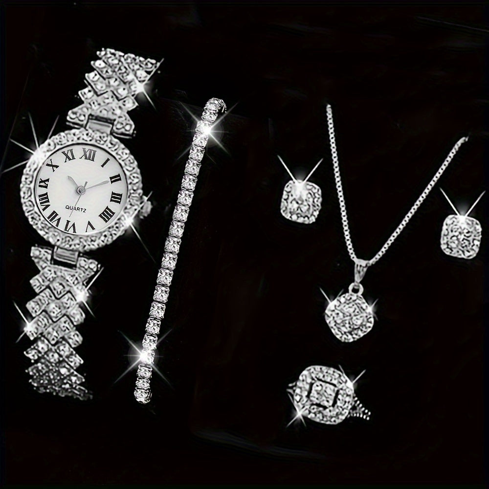 6pcs/set Women's Luxury Rhinestone Quartz Watch Shiny Golden Fashion Analog Wrist Watch & Jewelry Set, Gift For Mom Her