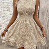 Allover Print Crew Neck Tank Dress, Elegant Shirred Waist Ruffle Hem A-line Dress For Spring & Summer, Women's Clothing