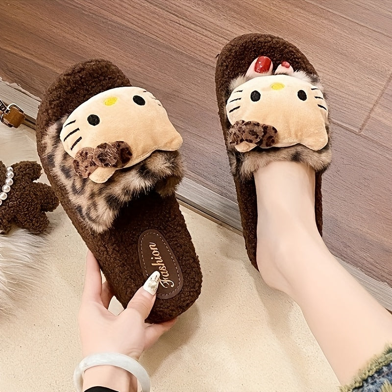 Sanrio Cute Leopard Print Hello Kitty Slippers For Women Autumn And Winter Home Indoor Non-slip Cute Thick Sole New Style Outdoor Wear High Value Warm Fur Leopard Print Slippers
