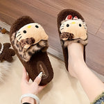 Sanrio Cute Leopard Print Hello Kitty Slippers For Women Autumn And Winter Home Indoor Non-slip Cute Thick Sole New Style Outdoor Wear High Value Warm Fur Leopard Print Slippers