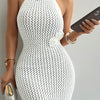 Elegant White Halter Neck Knit Dress with 3D Floral Appliqué and Hollow-Out Design - Sleeveless Bodycon Pencil Skirt for Women, Perfect for Spring and Summer