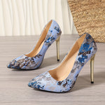 Elegant Floral Embroidered Stiletto Pumps - Lightweight Pointed Toe Dress Heels with Sequins, Fabric Upper & Rubber Sole - All Season Comfort Footwear for Women - Perfect for Parties & Weddings