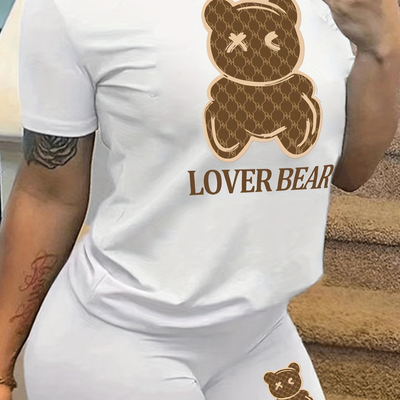 Two-piece Set, Cartoon Bear Print Crew Neck Short Sleeve T-shirt & Slim Shorts Outfits, Women's Casual Clothing
