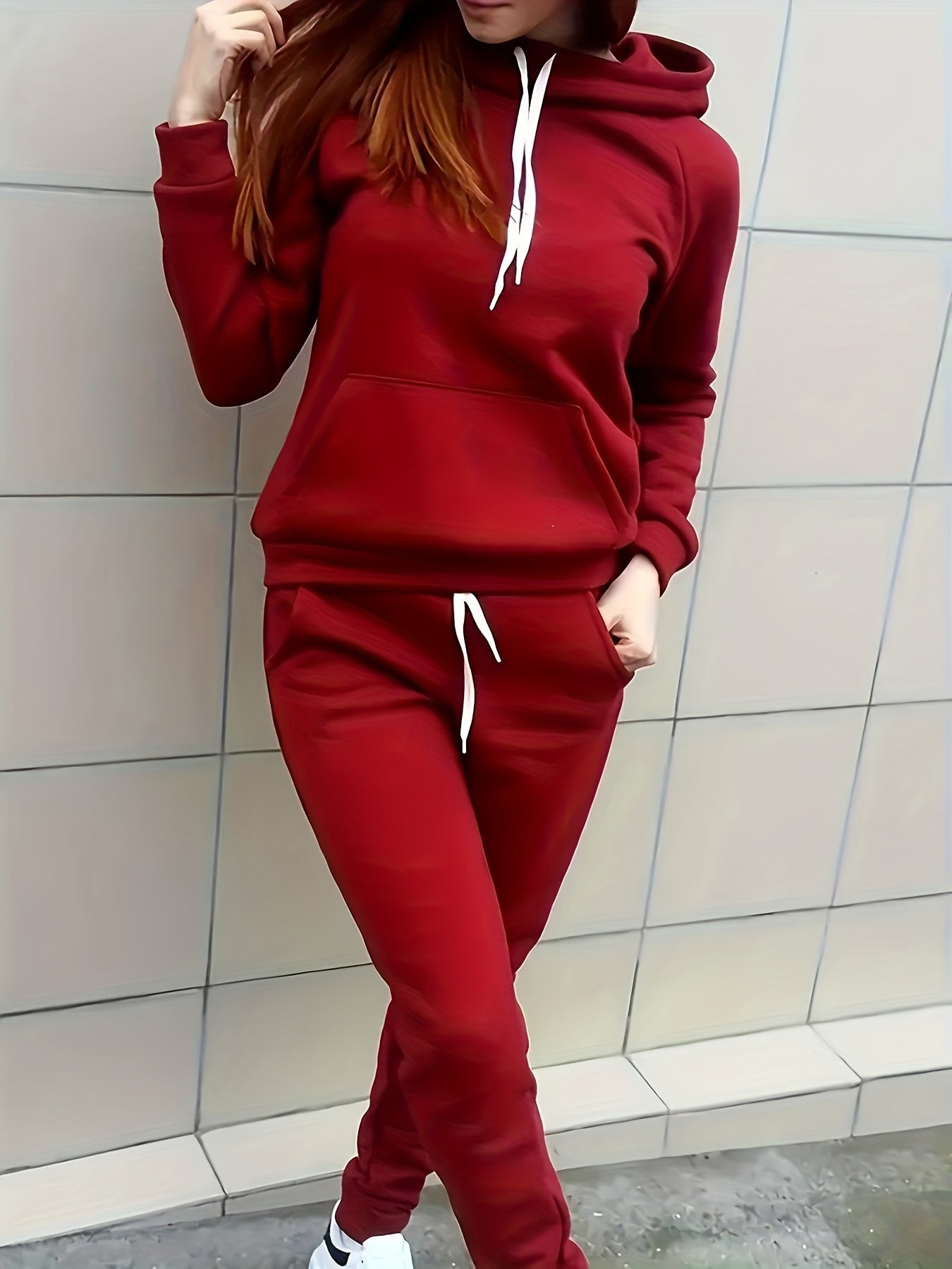Ladies Fashion Casual 2pcs Red Hoodie, Slim-fit Hoodie, Long Sleeves, With Front Pocket And Adjustable Drawstring Pants, Solid Color Casual Spring/Fall Dress, Los Angeles Style, Gift For Girlfriend