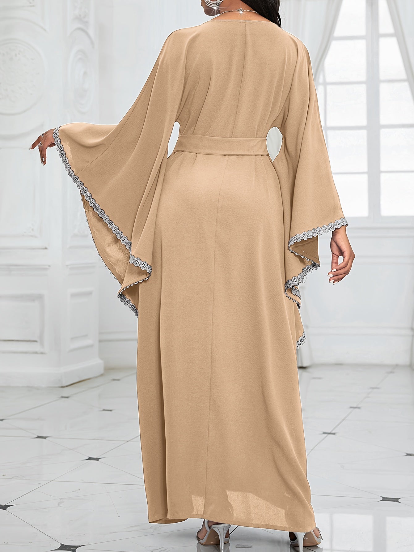 Contrast Lace Flare Sleeve Dress, Elegant Crew Neck Tied Waist Ankle Length Dress For Party & Banquet, Women's Clothing Wedding/Occasion/Engagement/Ceremony/Evening dress