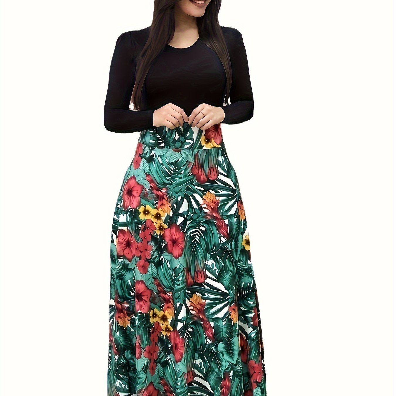 Stunning Floral Print Maxi Dress - Women's Elegant Long Sleeve Crew Neck Splicing Dress for Spring & Fall - Perfect for Various Occasions