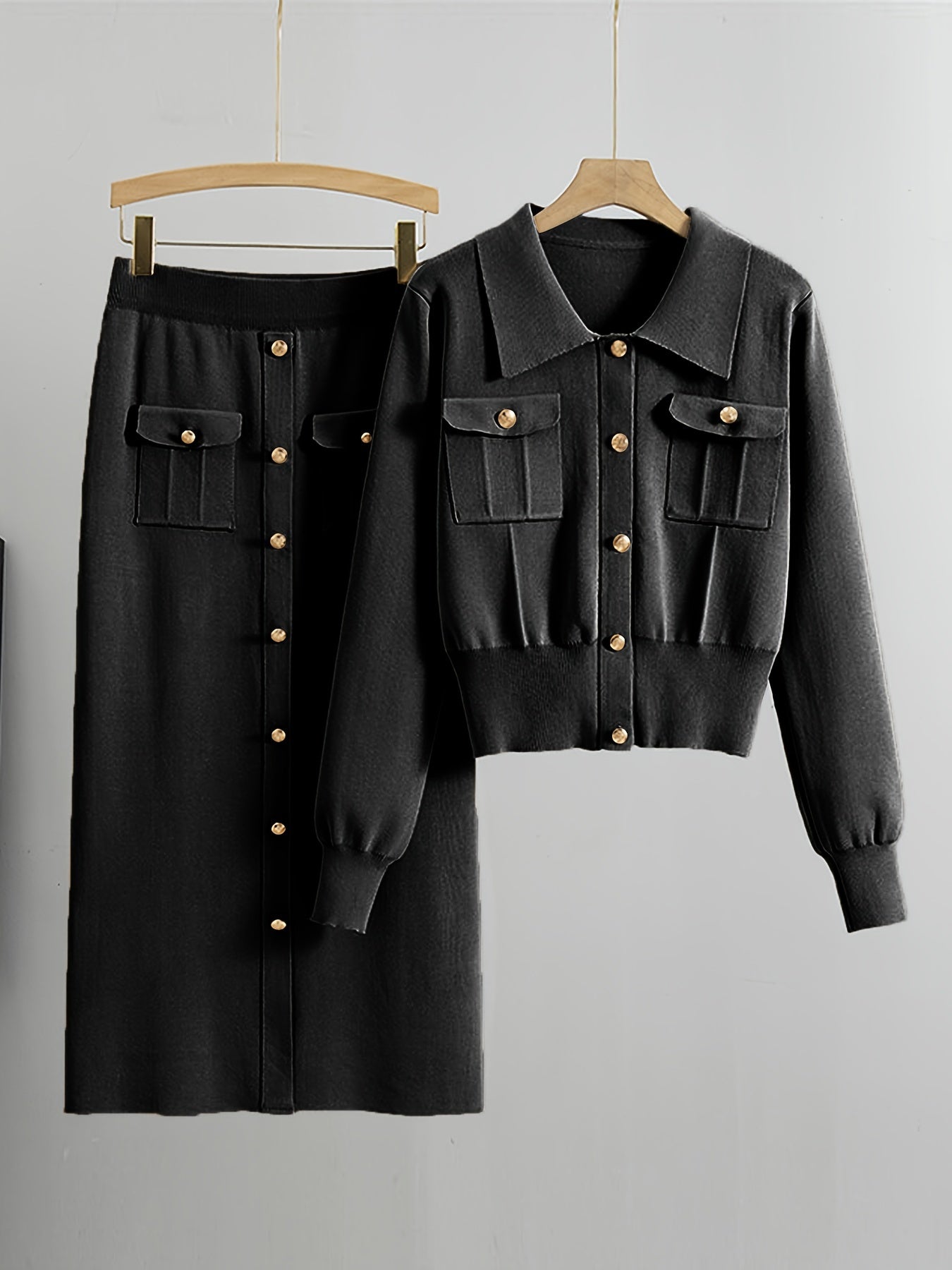 2pcs Women'S Viscose Blend Co-ord Set, Casual Lapel Collar Long Sleeve Knit Sweater and Skirt, Solid Color, Regular Fit, with Fake Button Details