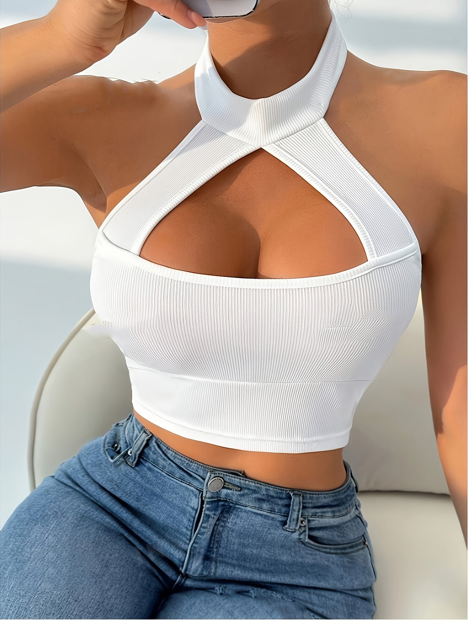 Chic Solid Color Halter Neck Crop Top - Sexy Backless Slim Fit Tank, Stretchy Polyester Blend, Ribbed Texture, Machine Washable - Perfect for Beach Outings, Afternoon Tea & Casual Casual Attire, Summer Fashion | Halter Neck T