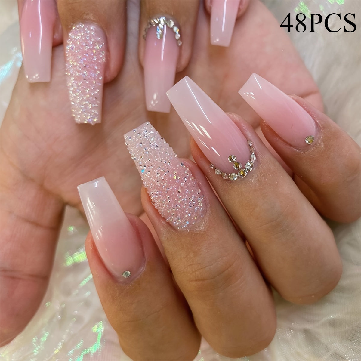 48pcs/ Set, Pink And White Gradient Nail-Pressing Flash Zirconia Design, Glossy Long Ballet Acrylic Fake Nails, Suitable for Birthday Thanksgiving, Valentine'S Day And Mother'S Day Graduation Party.