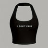 Women'S Casual Halterneck Tank Top, "I Don't Care" Letter Print, Summer Knit Fabric, Solid Color, Backless Design, Polyester 95% Elastane 5%, Lightweight 180g/m²