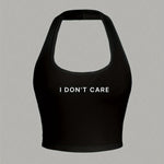 Women'S Casual Halterneck Tank Top, "I Don't Care" Letter Print, Summer Knit Fabric, Solid Color, Backless Design, Polyester 95% Elastane 5%, Lightweight 180g/m²