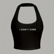 Women'S Casual Halterneck Tank Top, "I Don't Care" Letter Print, Summer Knit Fabric, Solid Color, Backless Design, Polyester 95% Elastane 5%, Lightweight 180g/m²