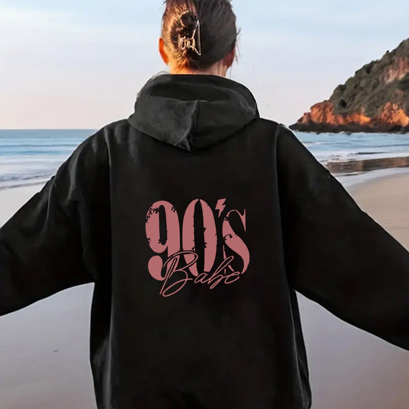 Y2K-Inspired '90'S Baba' Graphic Print Hoodie for Women - Casual Long Sleeve, Kangaroo Pocket, Drop Shoulder Design, Street Style, Machine Washable, Perfect for Spring & Summe